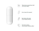 A Calocurb pill on a white background, next to a list of basic instructions.