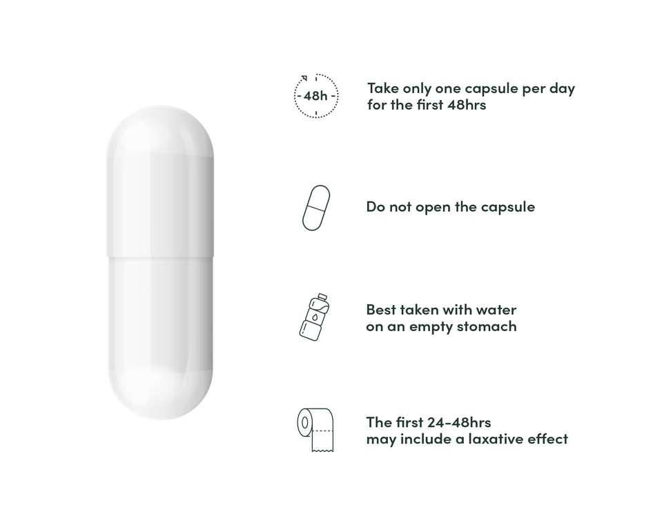 A Calocurb pill on a white background, next to a list of basic instructions.
