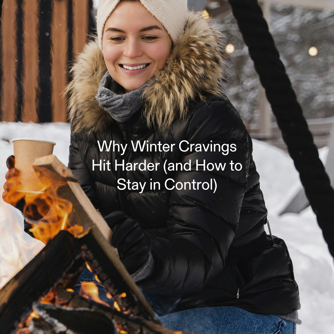 Woman in winter clothing sitting by an outdoor fire, holding a warm drink and smiling, representing comfort and managing winter cravings