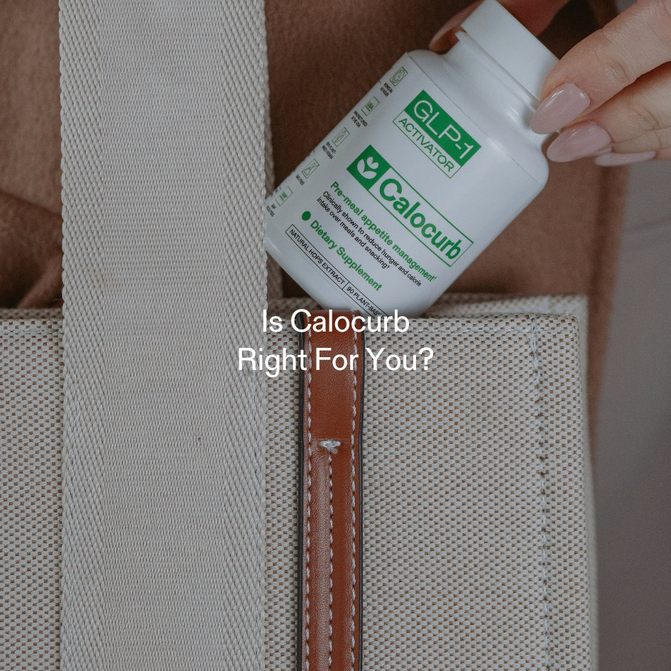 Hand placing Calocurb GLP-1 appetite support supplement into tote bag with minimalist lifestyle focus