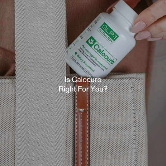 Hand placing Calocurb GLP-1 appetite support supplement into tote bag with minimalist lifestyle focus